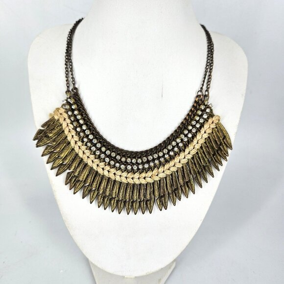 Unknown Jewelry - Bib Necklace Gold Tone Boho Statement Feather Fringe Rhinestone 16" Braided Cord